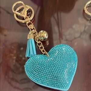 Blue Heart Rhinestone Keychain-Purse Charm Gold Ball-Blue Tassel New